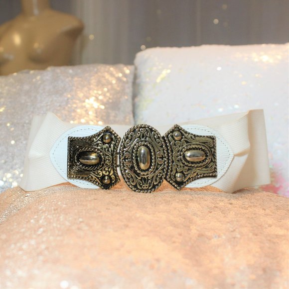 ??1980\'s Hammered Coin Metal Bushed Black White Vintage Elastic Belt 24\